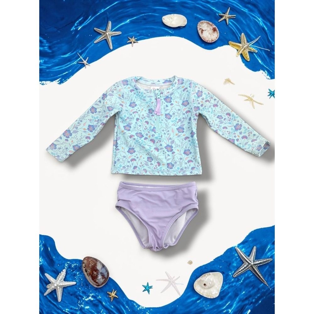 RuffleButts Floral Long Sleeve Rash Guard Ruffle Swimsuit Set 2T